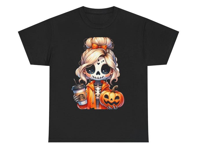 Halloween Graphic Tee, Cute Skeleton Girl T-Shirt, Pumpkin Witch Shirt, Fall Fashion Top, Unisex Halloween Apparel