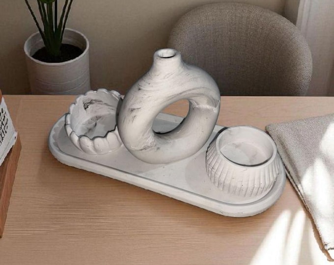 candle holder, serving tray and vase set