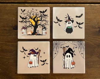 Witchy Ghost Ceramic Coasters – Halloween Decor, Set of 4