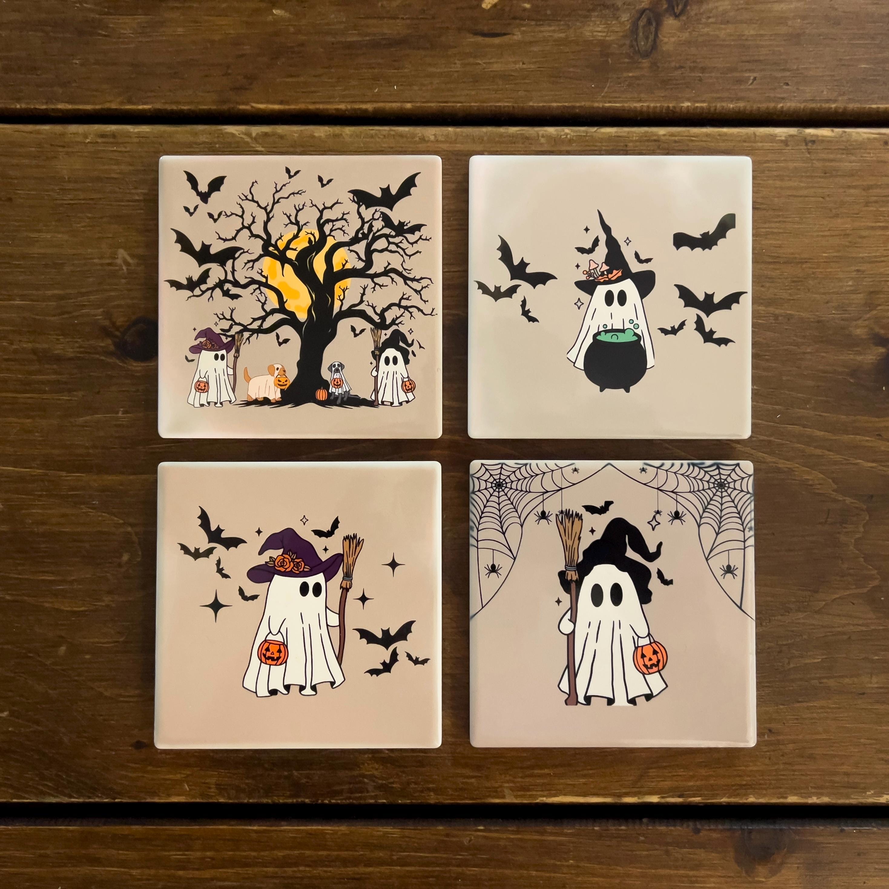 Halloween Geist Keramik Untersetzer - Niedliche Witchy Gespenster, Gruseliges Dekor, Halloween Geschenk, 4er Set