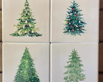 4er Set Keramik Weihnachtsbaum-Untersetzer - Handbemalte Dekoration für Weihnachten