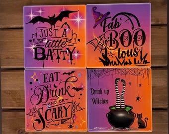 Set of 4 Ceramic Halloween Coasters - Spooky and Fun Designs with Witchy Sayings