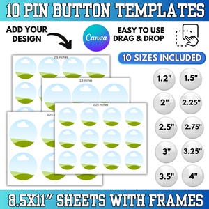 Könnte beinhalten: Eine Vorlage für 10 Ansteckbuttons, mit verschiedenen Größen von 3 cm bis 10 cm. Das Design umfasst 10 Größen und befindet sich auf A4-Blättern mit Rahmen. Die Vorlage ist einfach mit Canva zu verwenden und ermöglicht das Hinzufügen eigener Designs.