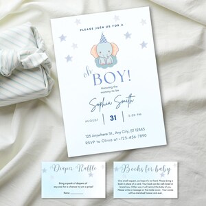 Paquete de invitaciones para baby shower con elefante azul: plantillas editables de Canva (descarga digital)