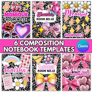 Editable Girl Composition Notebook Cover Templates: Back to School Composition Book Canva Designs