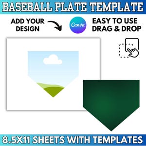 May include: A baseball plate template design with the text "BASEBALL PLATE TEMPLATE". The design includes the text "ADD YOUR DESIGN" and "EASY TO USE DRAG & DROP". The image also includes the Canva logo and the text "8.5X11 SHEETS WITH TEMPLATES".