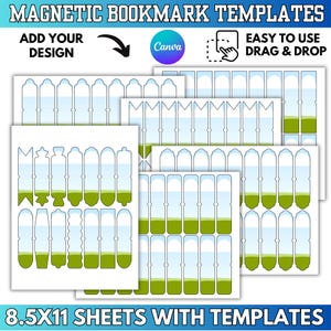 Puede incluir: Hojas de plantillas de marcapáginas magnéticos con un diseño azul, verde y blanco. El texto dice "MAGNETIC BOOKMARK TEMPLATES", "ADD YOUR DESIGN" y "EASY TO USE DRAG & DROP". Las hojas miden 21,6 x 27,9 cm con plantillas.