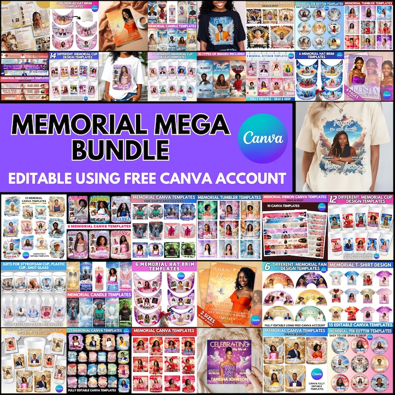 Puede incluir: Una colecci&oacute;n de plantillas conmemorativas, incluyendo dise&ntilde;os para camisetas, tazas, velas y m&aacute;s. La imagen presenta el texto "MEMORIAL MEGA BUNDLE" y "EDITABLE USING FREE CANVA ACCOUNT."