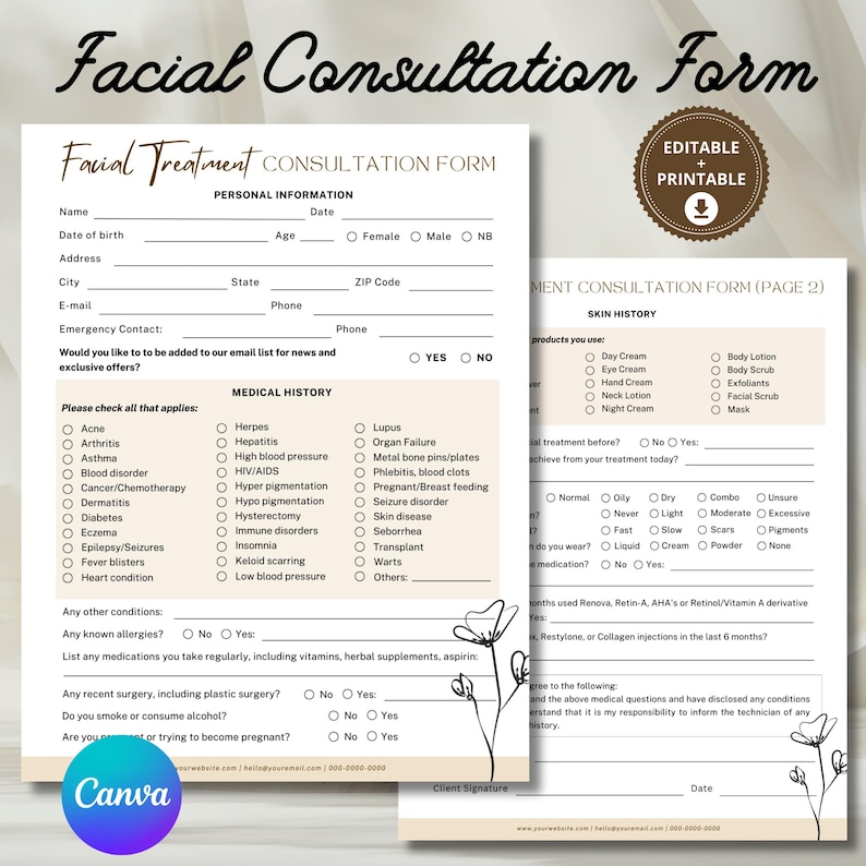 EDITABLE Facial Consultation Form, Client Intake Beauty Salon Printable ...