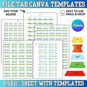 May include: File tab Canva templates on 8.5x11 inch sheets. Includes various tab sizes labelled 1 inch, 1.5 inch, 1.7 inch, and 2 inches. The design features a landscape graphic with a blue sky and green hills. Text includes "FILE TAB CANVA TEMPLATES" and "ADD YOUR DESIGN".