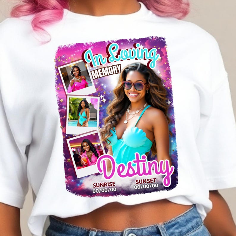 Puede incluir: Camiseta blanca con un dise&ntilde;o conmemorativo. El dise&ntilde;o incluye una foto de una mujer, el nombre "Destiny" y las palabras "In Loving Memory". El dise&ntilde;o tiene un fondo morado y rosa con las palabras "Sunrise" y "Sunset".