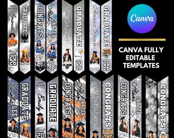 May include: Ten graduation stole templates with photos, names, and the text "Graduate" and "Congrats." The stoles are in various colors, with the Canva logo and the text "Canva Fully Editable Templates."