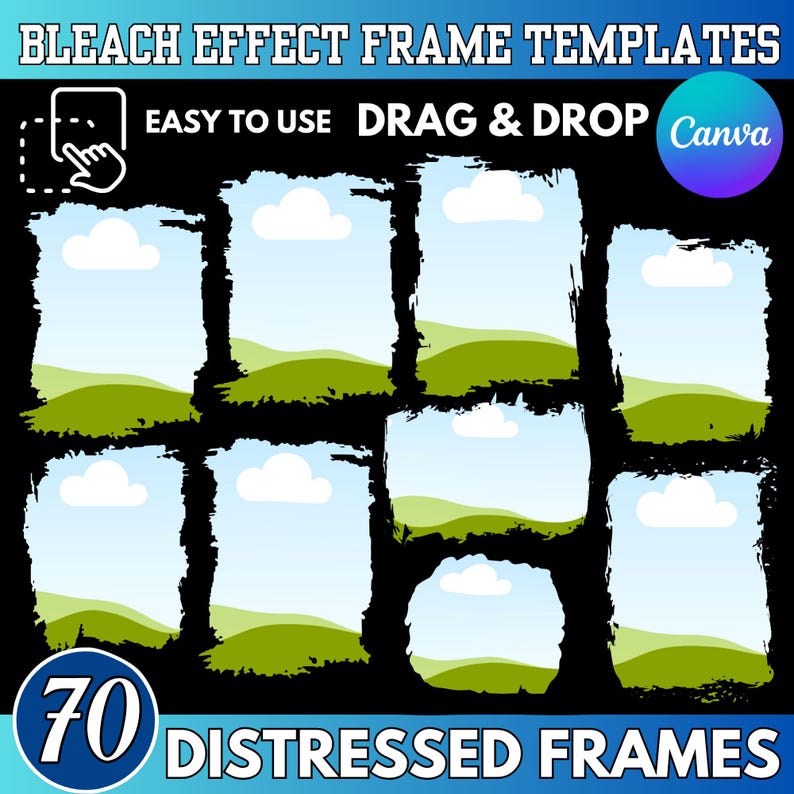 Peut inclure: Une conception graphique num&eacute;rique pr&eacute;sentant 70 mod&egrave;les de cadres d&eacute;lav&eacute;s avec un effet de blanchiment. Les cadres affichent un paysage avec des ciels bleus, des nuages blancs et des collines vertes. Le texte comprend "Bleach Effect Frame Templates", "Easy to Use", et "Drag & Drop".