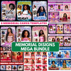 May include: A collection of memorial Canva templates featuring portraits of women, with text overlays such as names and phrases like "In Loving Memory" and "Forever in our hearts." The designs include floral and celestial elements.
