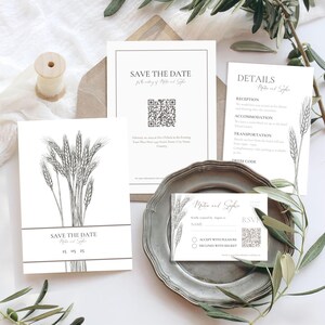 Conjunto de convites de casamento de centeio minimalista, convite de casamento com código QR RSVP, casamento moderno, cartão de detalhes de RSVP, casamento moderno
