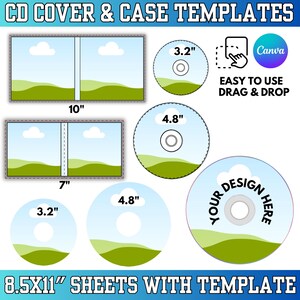 May include: A graphic showing CD cover and case templates, including 8.1 cm and 12.2 cm diameter CD designs, and case templates measuring 25.4 cm and 17.8 cm. The design includes the text "EASY TO USE DRAG & DROP" and "Canva". The bottom text reads "8.5X11" SHEETS WITH TEMPLATE".