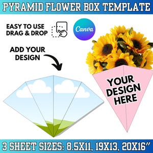 Może przedstawiać: Szablon pudełka na kwiaty w kształcie piramidy z tekstem "Easy to Use Drag & Drop" i "Add Your Design". Projekt zawiera logo Canva, bukiet słoneczników i różową piramidę z napisem "Your Design Here". Dostępne w rozmiarach 21,6x28, 48,3x33 i 50,8x40,6 cm.