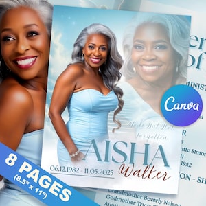 Op de afbeelding: Een gedenkaankondiging met een portret van een vrouw in een lichtblauwe jurk. De aankondiging bevat de naam "AISHA Walker", data en de tekst "8 PAGES (8,5" x 11")". Het Canva-logo is zichtbaar.