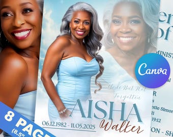 May include: A memorial announcement featuring a portrait of a woman in a light blue dress. The announcement includes the name "AISHA Walker", dates, and the text "8 PAGES (8.5" x 11")". The Canva logo is visible.