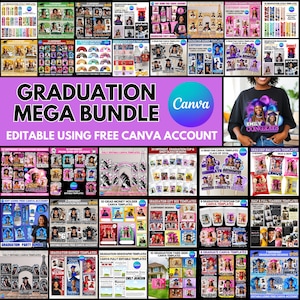 Könnte beinhalten: Eine Collage von Vorlagen zum Thema Abschluss, darunter Banner, Geschenkboxen und Partyzubehör. Die Designs zeigen Fotos, Text und Grafiken, mit einem Fokus auf Personalisierung. Der Text "GRADUATION MEGA BUNDLE" und "EDITABLE USING FREE CANVA ACCOUNT" sind deutlich sichtbar.