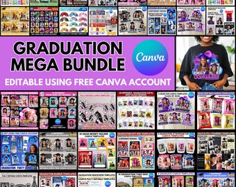 May include: A collage of graduation-themed templates, including banners, gift boxes, and party supplies. The designs feature photos, text, and graphics, with a focus on personalization. The text "GRADUATION MEGA BUNDLE" and "EDITABLE USING FREE CANVA ACCOUNT" are prominently displayed.