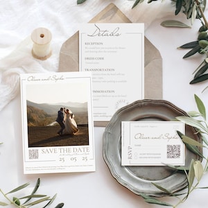 Conjunto de convites de casamento minimalista, convite de casamento com código QR RSVP, casamento moderno, cartão RSVP, cartão de detalhes