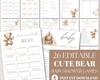 Paquete de juegos editables de ositos de peluche para baby shower (descarga digital)