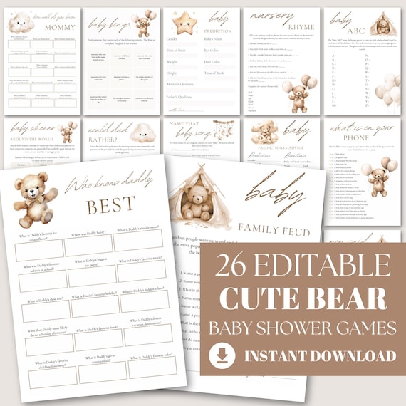 Editable Teddy Bear Baby Shower Games Bundle (Digital Download)