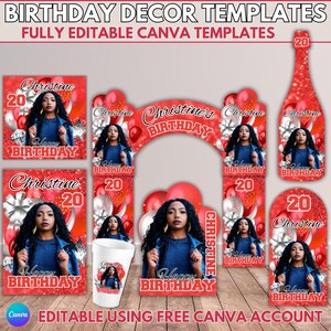 Könnte beinhalten: Eine Sammlung roter und weißer Geburtstag-Dekorationsvorlagen mit einem Frauenbild, Luftballons und dem Text "Christine 20 Happy Birthday". Die Vorlagen umfassen eine Sektflaschenform, einen Bogen und verschiedene rechteckige und kreisförmige Designs.