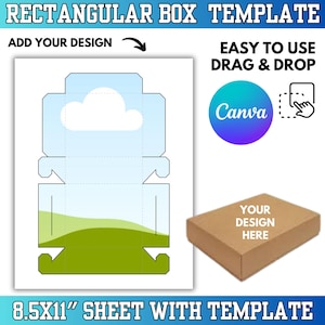 Puede incluir: Una plantilla de caja rectangular con el texto "RECTANGULAR BOX TEMPLATE" en la parte superior. El diseño incluye una nube y un paisaje verde. También están presentes los textos "ADD YOUR DESIGN" y "EASY TO USE DRAG & DROP". Se muestra una caja marrón con "YOUR DESIGN HERE".