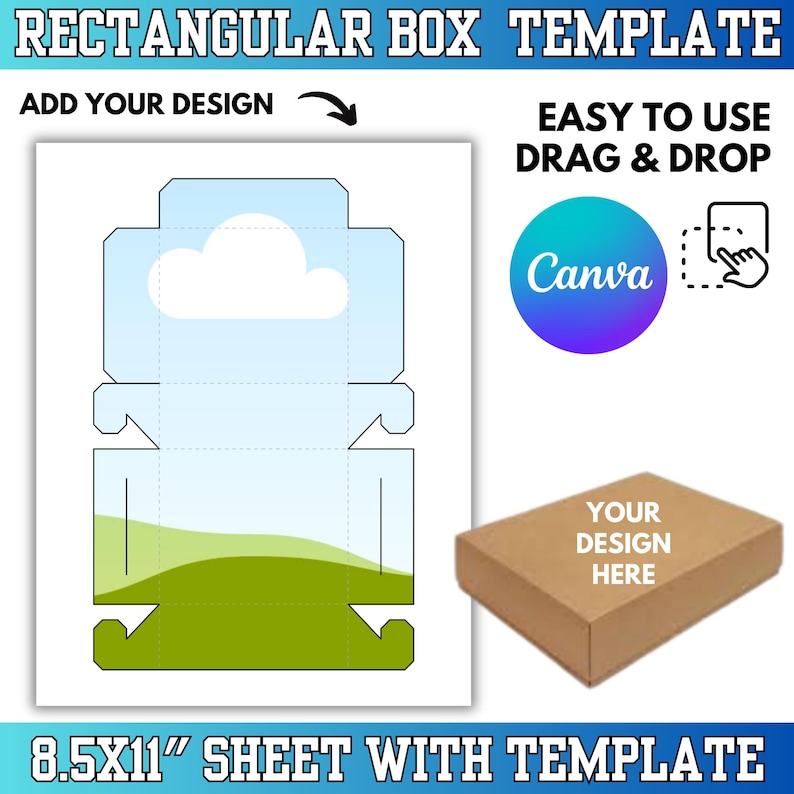 Puede incluir: Una plantilla de caja rectangular con el texto "RECTANGULAR BOX TEMPLATE" en la parte superior. El dise&ntilde;o incluye una nube y un paisaje verde. Tambi&eacute;n est&aacute;n presentes los textos "ADD YOUR DESIGN" y "EASY TO USE DRAG & DROP". Se muestra una caja marr&oacute;n con "YOUR DESIGN HERE".
