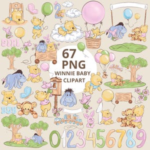 67 Classic Winnie the Pooh PNG Clipart: Baby Shower & Birthday PNG Bundle