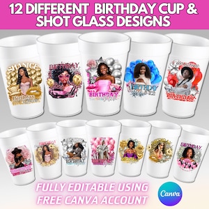 Birthday Styrofoam Cup Sticker Template Bundle: Birthday Party Favor Editable Canva Designs