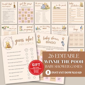 Paquete de juegos para baby shower de Winnie the Pooh, tarjeta de bingo imprimible clásica de Winnie the Pooh, plantilla de juego digital vintage de Winnie Bear para imprimir
