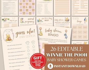 Winnie the Pooh Baby Shower Games Bundle: 26 Printable Game Templates (Canva Editable)