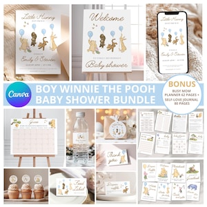 Winnie the Pooh Boy Baby Shower Bundle: Invitation, Games, Welcome Sign (CANVA Templates)