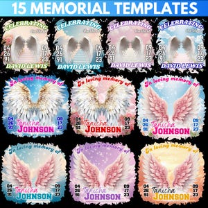 Puede incluir: Una colecci&oacute;n de 15 plantillas conmemorativas con alas de &aacute;ngel, fechas y nombres. Las plantillas presentan varios esquemas de color, incluyendo azul, rosa y dorado, con texto que dice "Celebrando la vida de" y "En memoria cari&ntilde;osa de".
