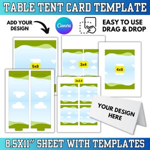 May include: A template for table tent cards with various sizes, including 5x8, 3x4, 4x6, and 2x3.5 inches. The design features a sky and cloud background with green accents. Text includes "Add Your Design," "Easy to Use Drag & Drop," and "Your Design Here."