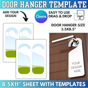 Może przedstawiać: Szablon wieszaka na drzwi z napisem "SZABLON WIESZAKA NA DRZWI". Obraz zawiera szablony wieszaków na drzwi o wymiarach 8,9 x 21,6 cm i formacie arkusza 21,6 x 27,9 cm. Projekt jest łatwy w użyciu z Canva i funkcjami przeciągnij i upuść.
