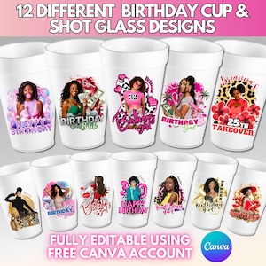 Birthday Cup Sticker Canva Template Bundle: Editable Party Favor Designs, Shot Glass Sticker