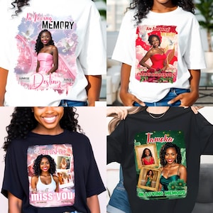 Puede incluir: Cuatro camisetas con dise&ntilde;os conmemorativos. Las camisetas son blancas y negras, con im&aacute;genes de mujeres con textos como "In Loving Memory", nombres y fechas. Los dise&ntilde;os incluyen elementos florales y celestiales.