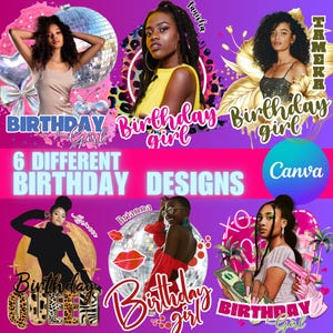 Birthday Design Templates Bundle, Leopard Glitter Birthday Party Canva Designs For T-shirt Styrofoam Cup, Birthday Queen Party Favors