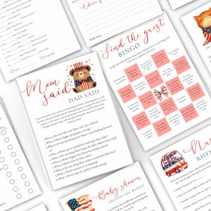 May include: A set of printable baby shower games featuring a red, white, and blue color scheme with a patriotic theme. The games include "Mom Said, Dad Said", "Find the Guest Bingo", and "Baby Shower Around the World Rhyme Time".