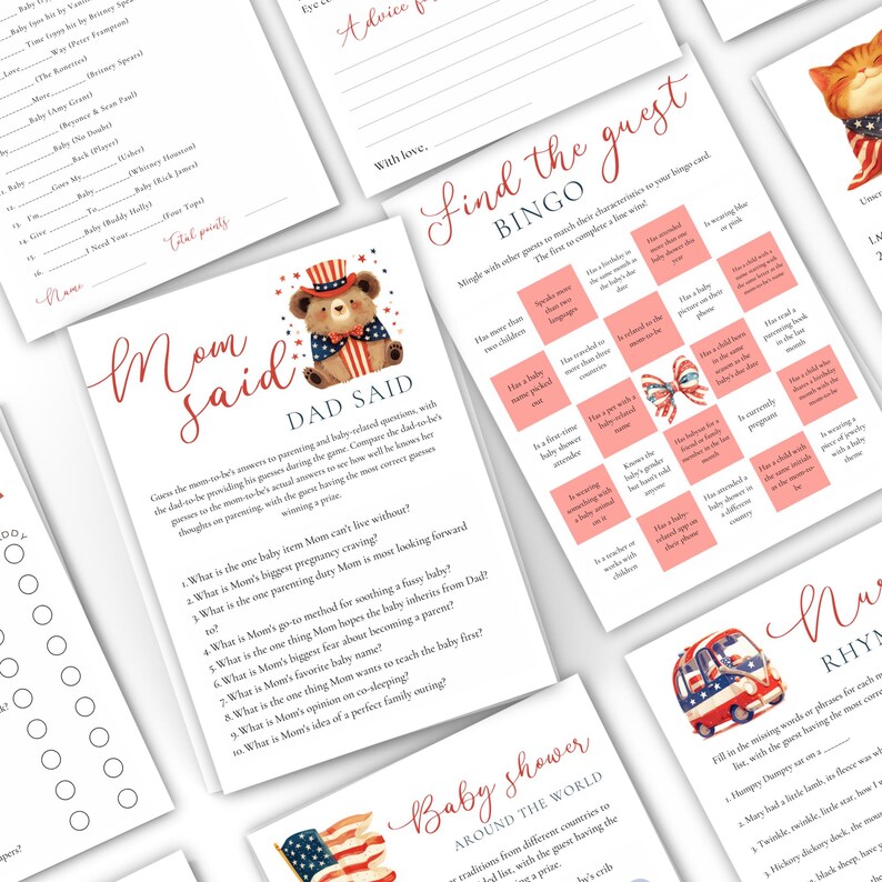 May include: A set of printable baby shower games featuring a red, white, and blue color scheme with a patriotic theme. The games include "Mom Said, Dad Said", "Find the Guest Bingo", and "Baby Shower Around the World Rhyme Time".