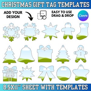 May include: Christmas gift tag templates in various shapes, including snowflakes, stars, gingerbread men, and Christmas trees. The tags have a blue sky and green landscape design. The text reads "Add Your Design" and "Easy to Use Drag & Drop". The sheet size is 8.5x11 inches.