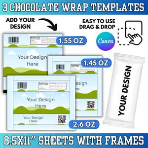 Puede incluir: Imagen de tres plantillas de envoltorios de chocolate con el texto "Your Design Here". Las plantillas están etiquetadas con los pesos 43,9 g, 41 g y 73,7 g. La imagen también incluye una maqueta de barra de chocolate y el texto "8.5x11" Sheets with Frames".