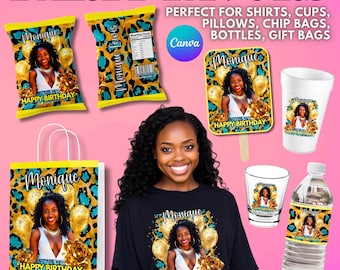 Leopard Birthday Party Templates Bundle: Styrofoam Cup Chip Bag, Favor Canva Designs