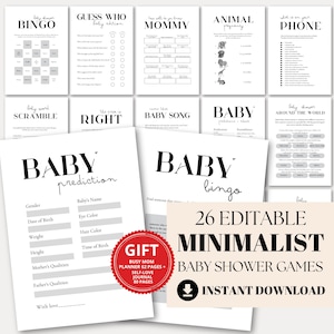 Paquete de juegos minimalistas editables para baby shower, juegos modernos para baby shower, juegos imprimibles para bebés, plantilla de juego digital