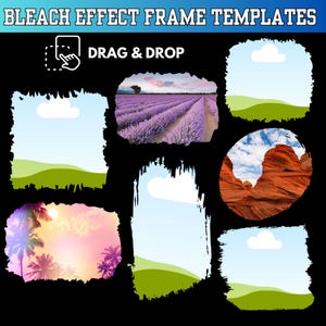 Peut inclure: Image avec le texte "BLEACH EFFECT FRAME TEMPLATES" et "DRAG & DROP". L'image pr&eacute;sente plusieurs mod&egrave;les de cadres avec des arri&egrave;re-plans de paysages, notamment des champs de lavande, une sc&egrave;ne de plage et des formations rocheuses, le tout avec un effet artistique vieilli.