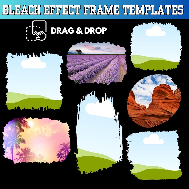 Peut inclure: Image avec le texte "BLEACH EFFECT FRAME TEMPLATES" et "DRAG & DROP". L'image pr&eacute;sente plusieurs mod&egrave;les de cadres avec des arri&egrave;re-plans de paysages, notamment des champs de lavande, une sc&egrave;ne de plage et des formations rocheuses, le tout avec un effet artistique vieilli.